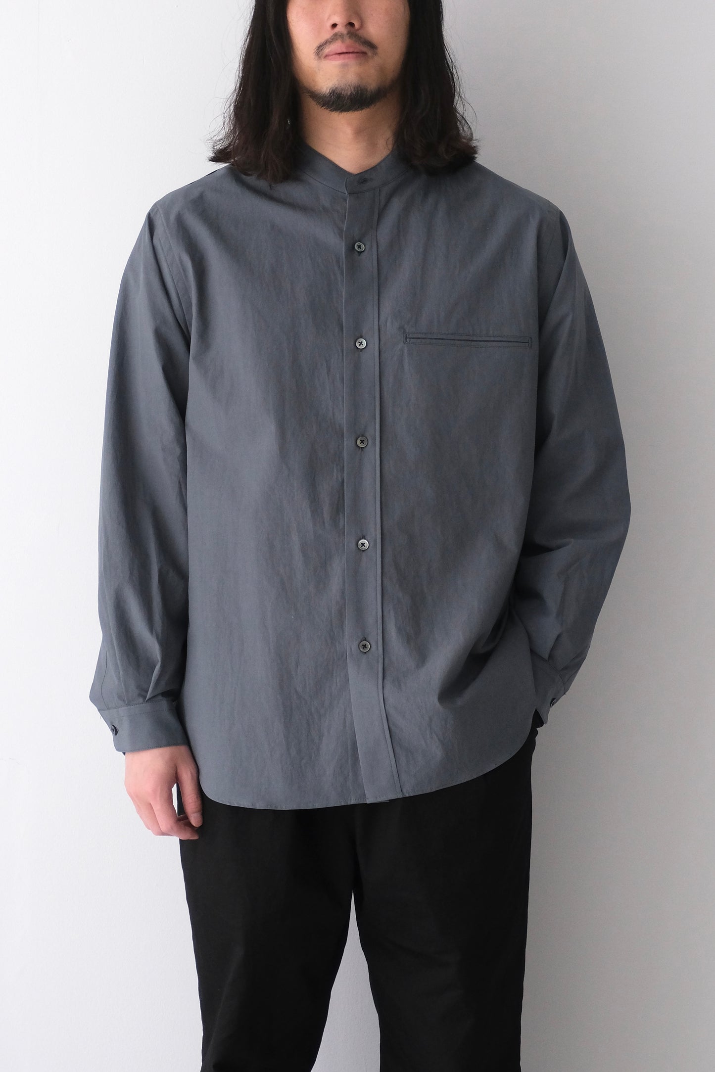 LINEN MIXED BAND COLLAR SHIRT