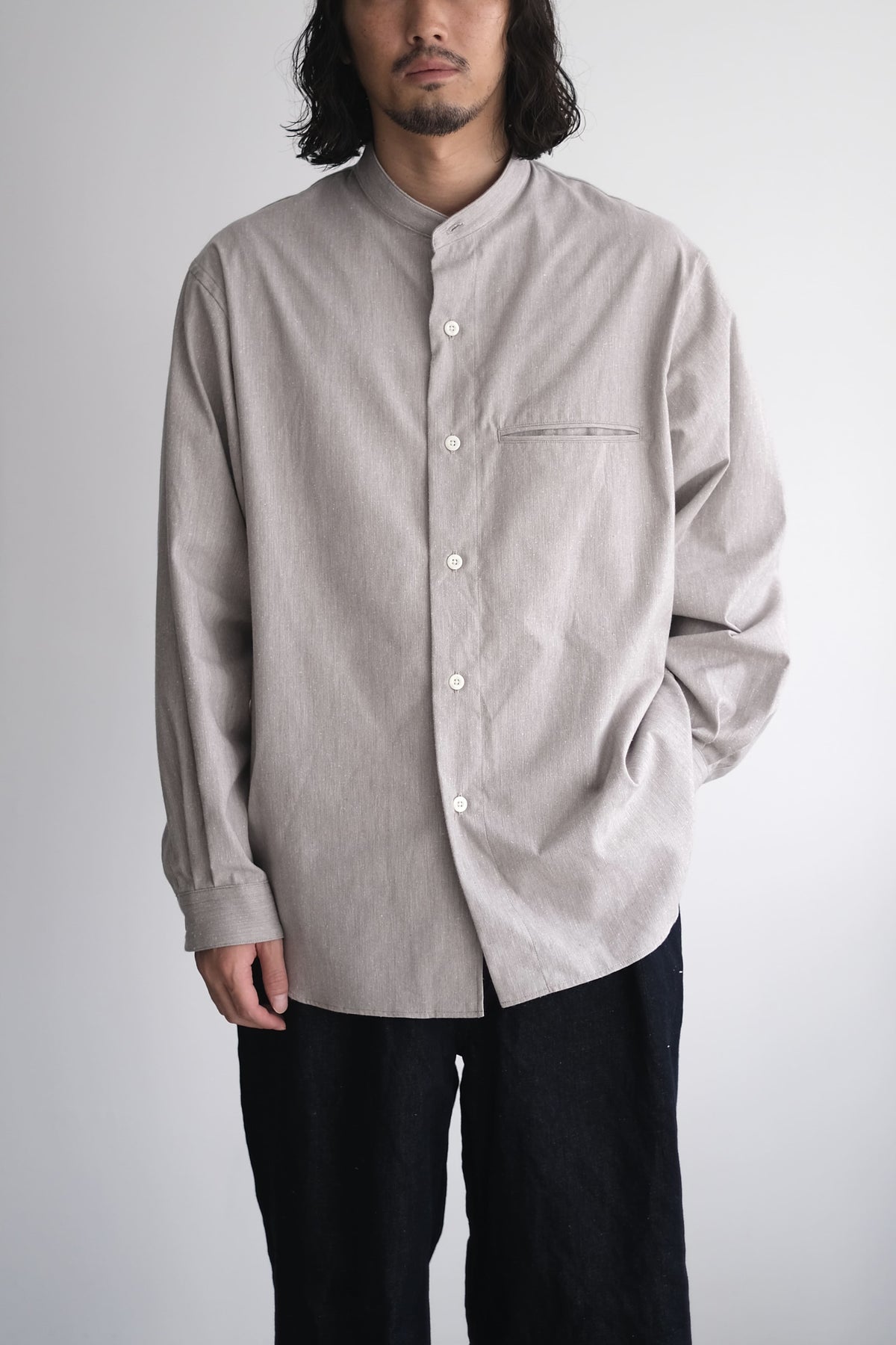 SILK NEP BAND COLLAR SHIRT